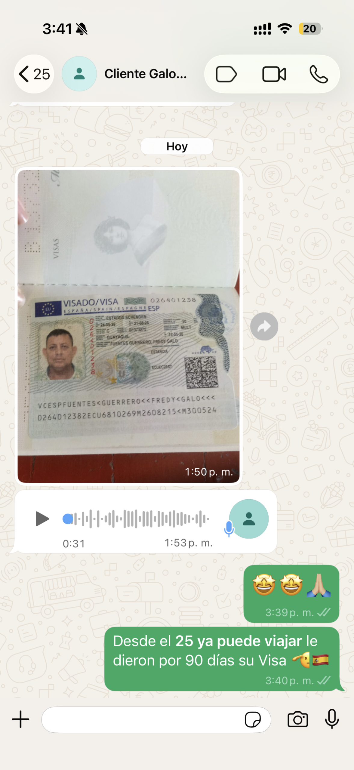 Chat de agradecimiento de cliente con visa aprobada