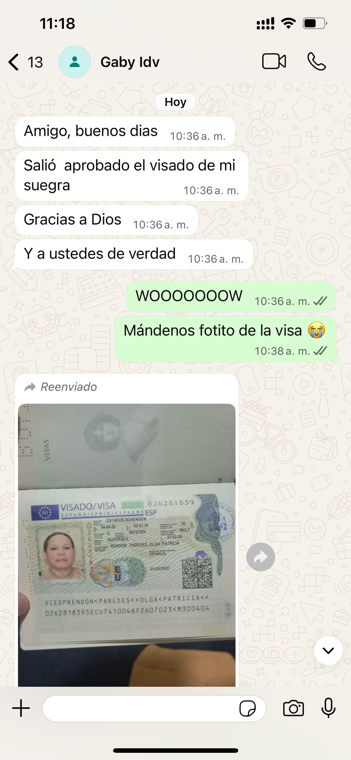 Chat de agradecimiento de cliente con visa aprobada