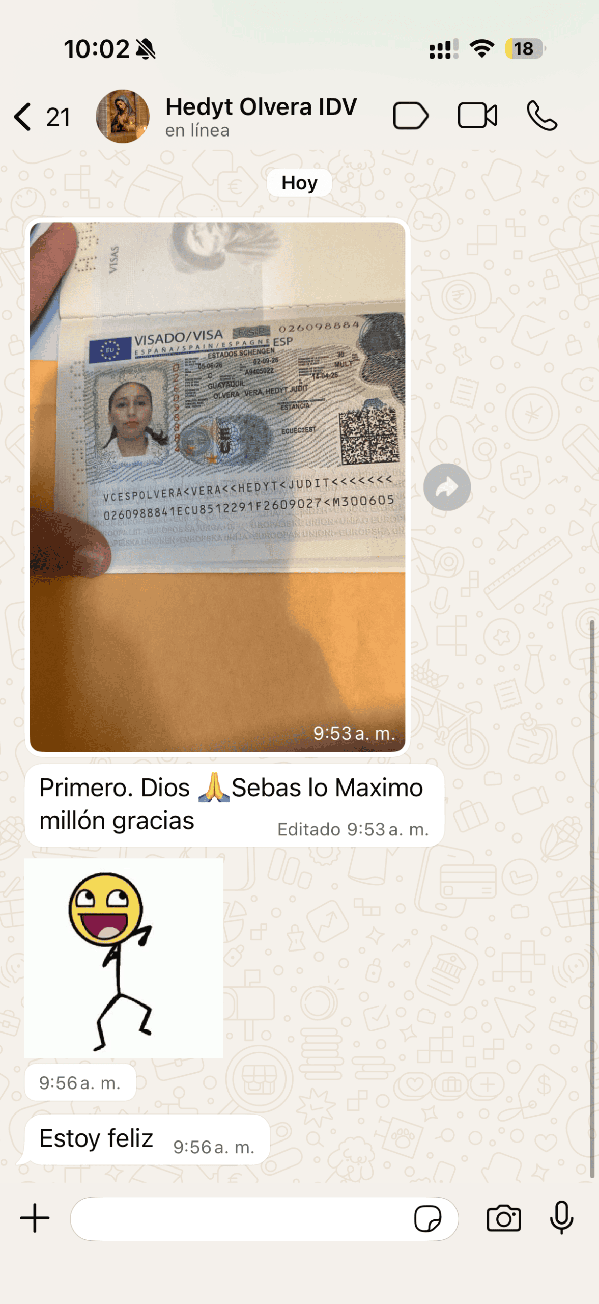 Chat de agradecimiento de cliente con visa aprobada