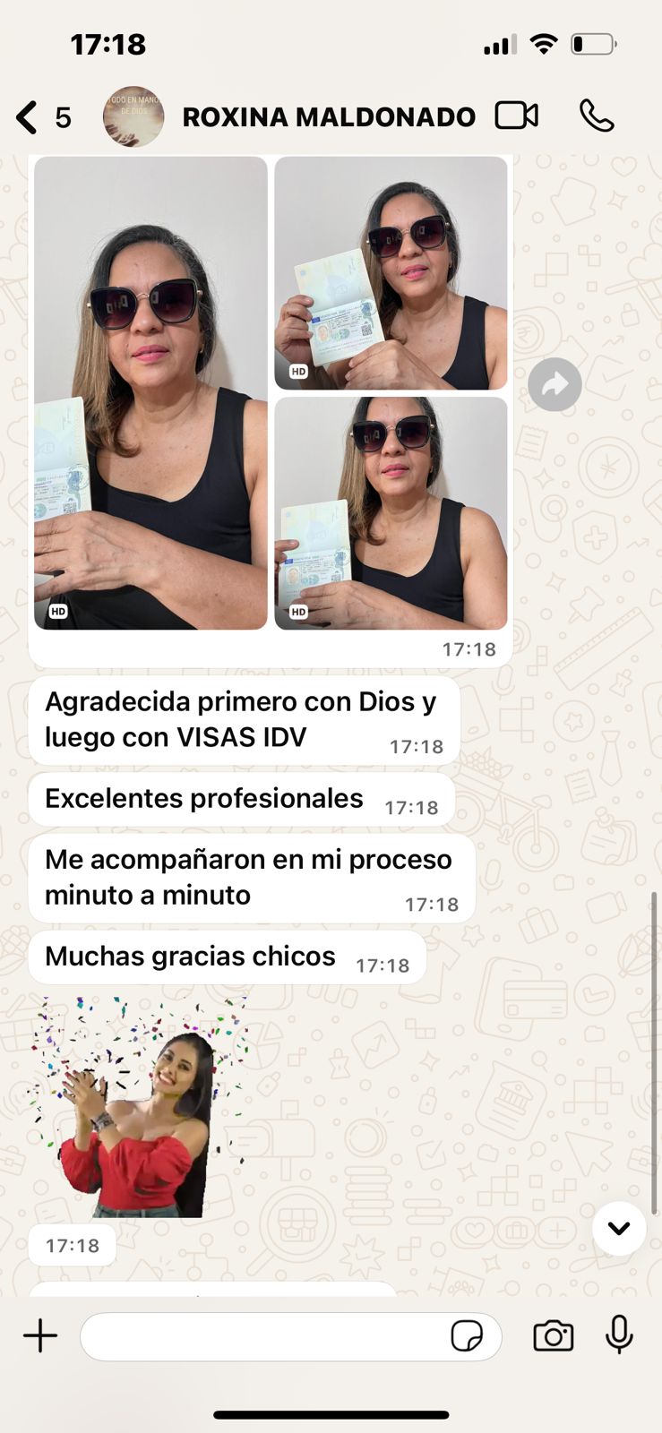 Chat de agradecimiento de cliente con visa aprobada