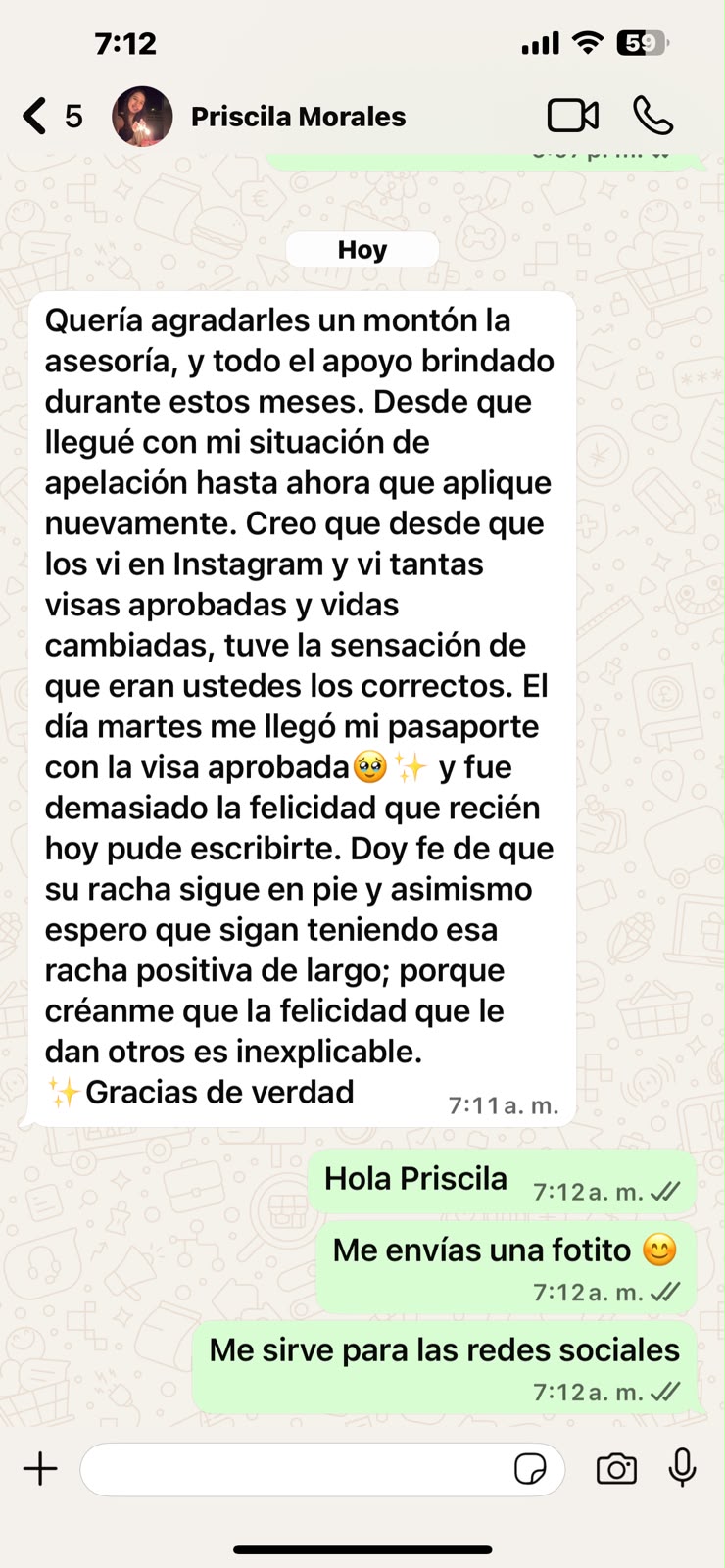 Mensaje de agradecimiento de Priscila con su visa aprobada